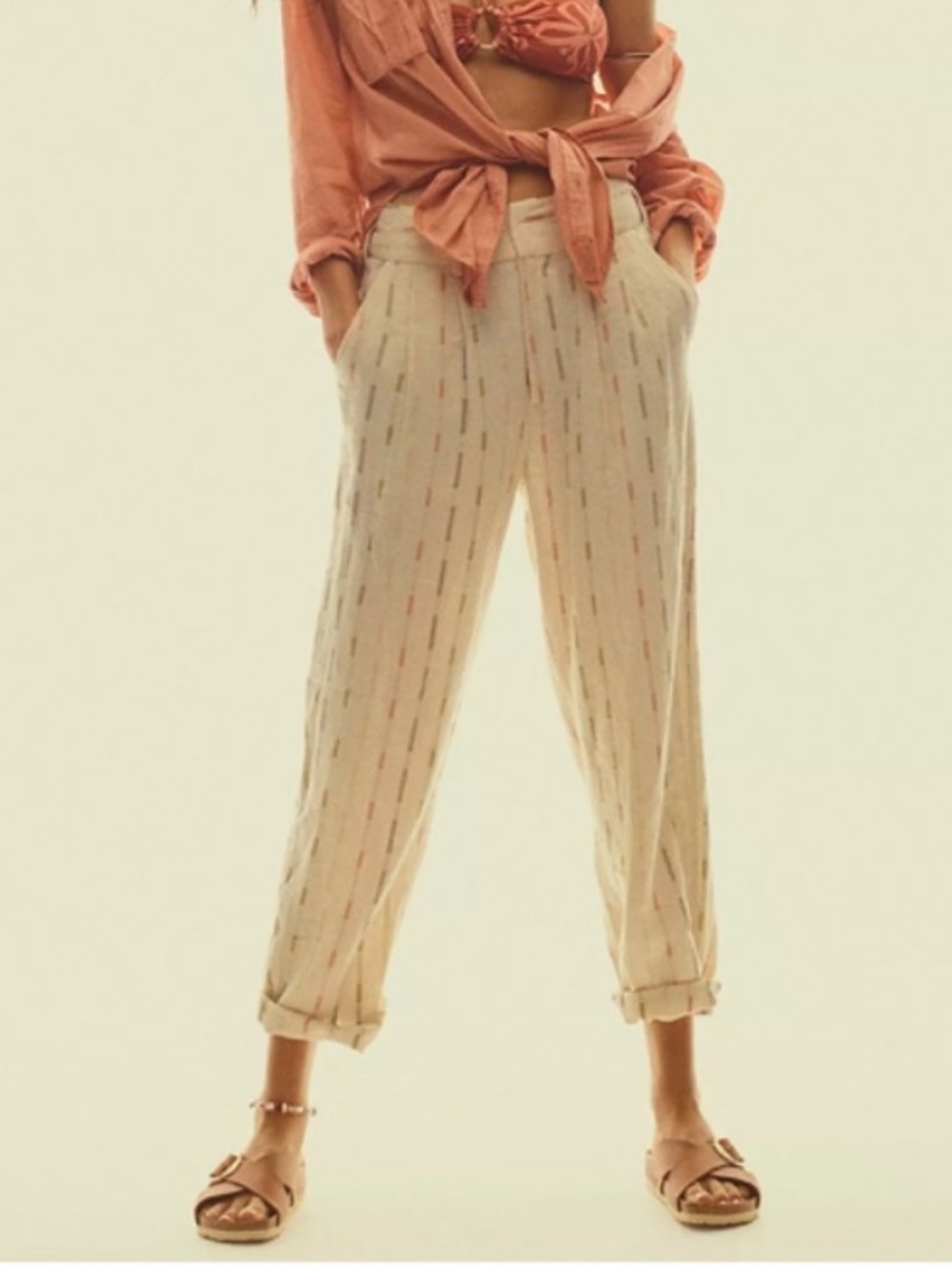 Free People Soft Spirit Linen Cotton Sand Trouser Pants Size 6 Beige Multi Color